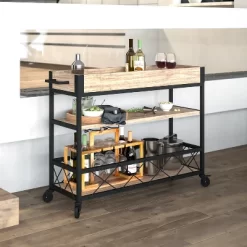 Online Furniture Store 6 Flash Furniture Buckhead Distressed Light Oak Wood And Iron Kitchen Serving And Bar Cart With Wine Glass Holders