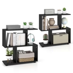 Costway 2 PCS 2-Tier Bookshelf Free Standing Wooden Display S-Shaped Shelf Storage Rack Black/Brown -Online Furniture Store GUEST 040fb8d0 19ee 4da7 b083 691715a92bdb