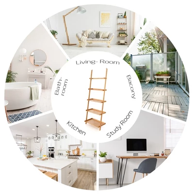 Costway 5-Tier Ladder Shelf Bamboo Bookshelf Wall-Leaning Storage Display Plant Stand 8 Costway 5-Tier Ladder Shelf Bamboo Bookshelf Wall-Leaning Storage Display Plant Stand - Image 8