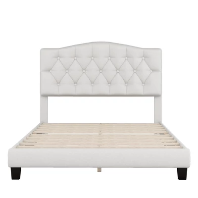 Upholstered Linen Platform Bed Frame With Curved Tufted Headboard Beige-ModernLuxe 3 Upholstered Linen Platform Bed Frame With Curved Tufted Headboard Beige-ModernLuxe - Image 3