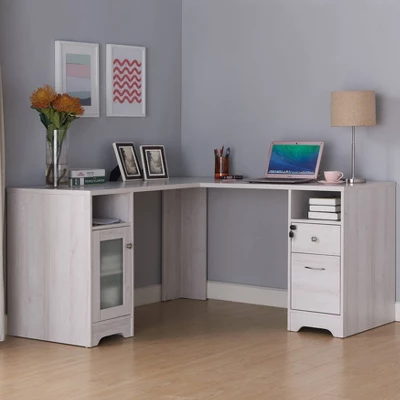Ghally Locking Drawer L-Shape Desk With USB Ports White Oak - MiBasics 1 Ghally Locking Drawer L-Shape Desk With USB Ports White Oak - MiBasics