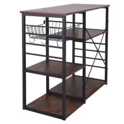 Wood And Metal Bakers Rack With 4 Shelves And Wire Basket Brown/Black - Benzara -Online Furniture Store GUEST 138c4590 ba20 4879 86fe 3e614f8a6f0d