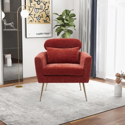 29.5" Modern Chenille Accent Armchair With Gold Metal Legs And Throw Pillow - ModernLuxe 1 29.5" Modern Chenille Accent Armchair With Gold Metal Legs And Throw Pillow - ModernLuxe