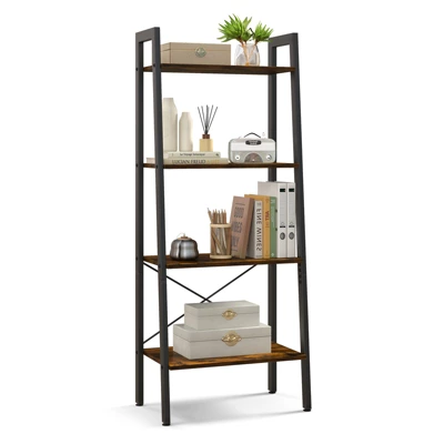 Tangkula 4-Tier Ladder Bookshelf Industrial Wooden Bookcase With Metal Frame Anti-Toppling Device Rack Rustic Brown/Gray Oak 9 Tangkula 4-Tier Ladder Bookshelf Industrial Wooden Bookcase With Metal Frame Anti-Toppling Device Rack Rustic Brown/Gray Oak - Image 9