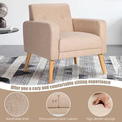Costway Modern Accent Chair Upholstered Linen Armchair W/Rubber Wood Legs YellowBeigeGreyNavy 5 Costway Modern Accent Chair Upholstered Linen Armchair W/Rubber Wood Legs YellowBeigeGreyNavy - Image 5