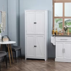 HOMCOM 72" Freestanding 4-Door Kitchen Pantry, Storage Cabinet Organizer With 4-Tiers, And Adjustable Shelves, White