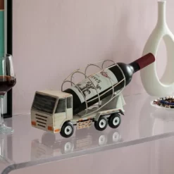 Vintiquewise Decorative Rustic Metal White Single Bottle Cement Truck Wine Holder For Tabletop Or Countertop