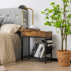 Online Furniture Store 45 Tangkula 2PCS End Table Charging Station Industrial Nightstand Flip Top Side Pocket USB