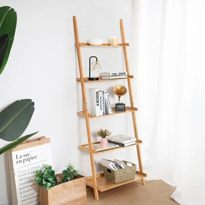 Costway 5-Tier Ladder Shelf Bamboo Bookshelf Wall-Leaning Storage Display Plant Stand 1 Costway 5-Tier Ladder Shelf Bamboo Bookshelf Wall-Leaning Storage Display Plant Stand