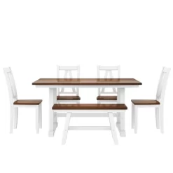 Farmhouse 6-Piece Wood Dining Table Set With Long Bench And 4 Dining Chairs-ModernLuxe