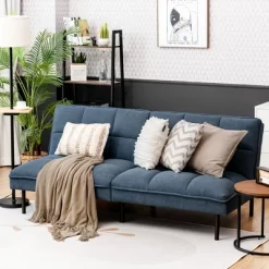 Costway Modern Convertible Futon Sofa Bed Linen Fabric Folding Couch Recliner GreyAquamarineBlue