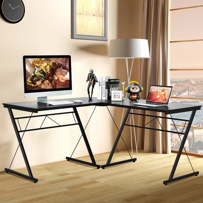 Costway 59'' L-Shaped Computer Table Study Workstation Home Office BrownBlack 1 Costway 59'' L-Shaped Computer Table Study Workstation Home Office BrownBlack