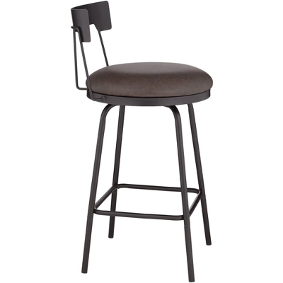Elm Lane Metal Swivel Bar Stool Matte Black 26" High Rustic Brown Leather Cushion With Low Backrest Footrest For Kitchen Counter Home 7 Elm Lane Metal Swivel Bar Stool Matte Black 26" High Rustic Brown Leather Cushion With Low Backrest Footrest For Kitchen Counter Home - Image 7