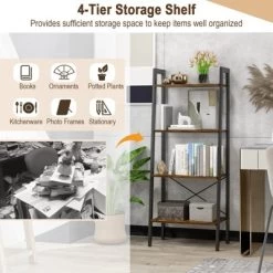 Tangkula 4-Tier Ladder Bookshelf Industrial Wooden Bookcase With Metal Frame Anti-Toppling Device Rack Rustic Brown/Gray Oak 16 Tangkula 4-Tier Ladder Bookshelf Industrial Wooden Bookcase With Metal Frame Anti-Toppling Device Rack Rustic Brown/Gray Oak -Online Furniture Store GUEST 49169c44 e4ab 4f1b b257 dbb8685d44a9