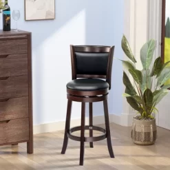 HOMCOM Classic Bar Stool Swivel Barstool With PU Leather Upholstered Mid-Back And Footrest, 30.25 Inch Seat Height, Set Of 3, Black