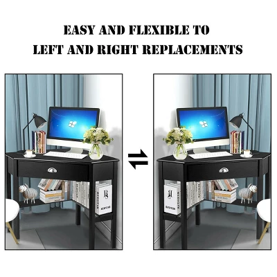 Costway Triangle Computer Desk Corner Office Desk Laptop Table W/ Drawer Shelves Rustic Black 5 Costway Triangle Computer Desk Corner Office Desk Laptop Table W/ Drawer Shelves Rustic Black - Image 5