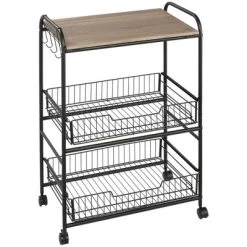 HOMCOM 24" 3-Tier Rolling Kitchen Cart, Utility Storage Trolley With 2 Basket Drawers, Side Hooks For Dining Room -Online Furniture Store GUEST 54e680b3 cb49 41e1 81f4 6d00473da82b