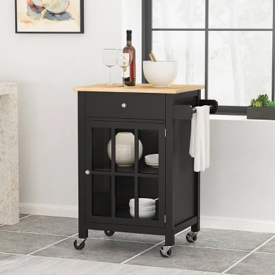 Maynard Contemporary Glass Paneled Kitchen Cart Natural/Black - Christopher Knight Home 1 Maynard Contemporary Glass Paneled Kitchen Cart Natural/Black - Christopher Knight Home