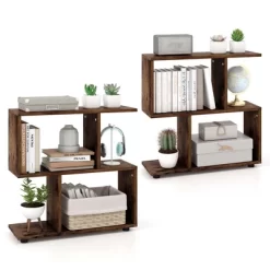 Costway 2 PCS 2-Tier Bookshelf Free Standing Wooden Display S-Shaped Shelf Storage Rack Black/Brown -Online Furniture Store GUEST 56501e38 6e16 42a3 8197 a8c09e898229