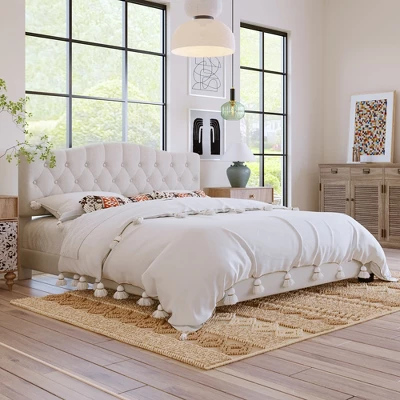 Upholstered Linen Platform Bed Frame With Curved Tufted Headboard Beige-ModernLuxe 10 Upholstered Linen Platform Bed Frame With Curved Tufted Headboard Beige-ModernLuxe - Image 10