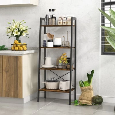 Tangkula 4-Tier Ladder Bookshelf Industrial Wooden Bookcase With Metal Frame Anti-Toppling Device Rack Rustic Brown/Gray Oak 2 Tangkula 4-Tier Ladder Bookshelf Industrial Wooden Bookcase With Metal Frame Anti-Toppling Device Rack Rustic Brown/Gray Oak - Image 2