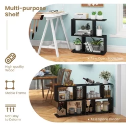 Costway 2 PCS 2-Tier Bookshelf Free Standing Wooden Display S-Shaped Shelf Storage Rack Black/Brown -Online Furniture Store GUEST 66836f13 e43b 4997 bb00 e675b5529e46