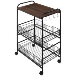 HOMCOM 24" 3-Tier Rolling Kitchen Cart, Utility Storage Trolley With 2 Basket Drawers, Side Hooks For Dining Room -Online Furniture Store GUEST 677b0380 7711 4eff 9bac 816b10d6e8a8