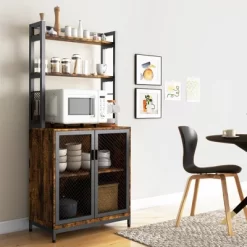 HOMCOM Kitchen Bakers Rack, Microwave Stand, Coffee Bar With Adjustable Shelves, 4 Hooks For Spices, Pots And Pans, Rustic Brown