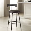 Elm Lane Metal Swivel Bar Stool Matte Black 26" High Rustic Brown Leather Cushion With Low Backrest Footrest For Kitchen Counter Home