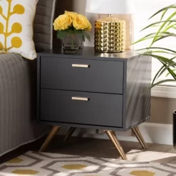 Kelson Wood 2 Drawer Nightstand Dark Gray/Gold - Baxton Studio -Online Furniture Store GUEST 7181cbb4 9260 4374 8808 a18d8ac8ccfb