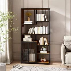 Multipurpose Bookshelf Storage Rack With Closed Storage Cabinets, Black + Brown - ModernLuxe