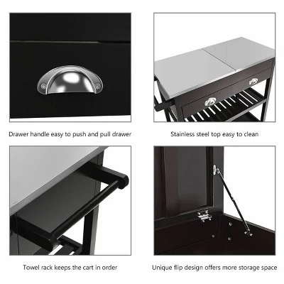 Costway Rolling Kitchen Island Trolley Cart Stainless Steel Flip Tabletop W/ Drawer Brown 6 Costway Rolling Kitchen Island Trolley Cart Stainless Steel Flip Tabletop W/ Drawer Brown - Image 6