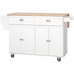 HOMCOM Rolling Kitchen Island On Wheels Utility Cart With Drop-Leaf And Rubber Wood Countertop, Storage Drawers, Door Cabinets, White -Online Furniture Store GUEST 7e6b59ea 8d3e 47af a9ee 177154526608