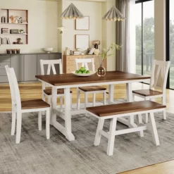 Farmhouse 6-Piece Wood Dining Table Set With Long Bench And 4 Dining Chairs-ModernLuxe -Online Furniture Store GUEST 7f6c6421 4137 4b1c add1 4461c30754bc
