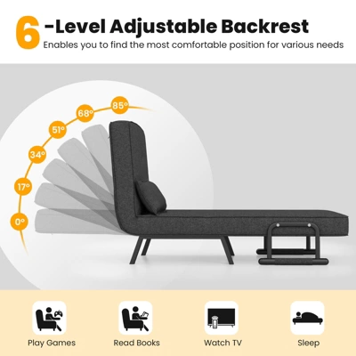 Costway Folding 6 Position Armchair Lounge Couch Convertible Sleeper Bed W/ Pillow Gray 4 Costway Folding 6 Position Armchair Lounge Couch Convertible Sleeper Bed W/ Pillow Gray - Image 4