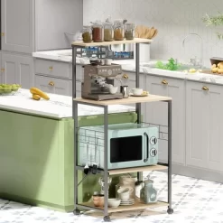 Bestier 4 Tier Shelves Portable Utility Kitchen Storage Baker's Rack Organizer Cart Stand With Adjustable Wheels And Side Hooks, 49 Inch, Oak -Online Furniture Store GUEST 813e332a dd06 41fd 85ac 9c39ccb6bbe5