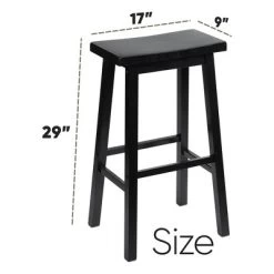 PJ Wood Classic Saddle-Seat 29 Inch Tall Kitchen Counter Stools For Homes, Dining Spaces, And Bars W/ Backless Seats, 4 Square Legs, Black, Set Of 2