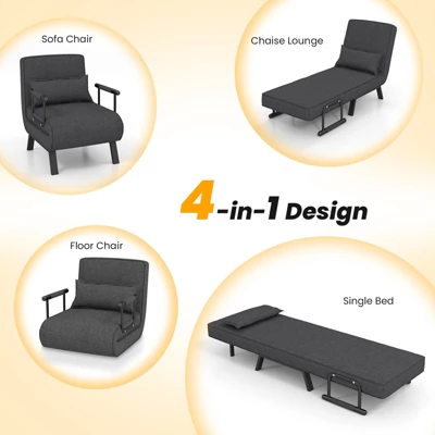Costway Folding 6 Position Armchair Lounge Couch Convertible Sleeper Bed W/ Pillow Gray 5 Costway Folding 6 Position Armchair Lounge Couch Convertible Sleeper Bed W/ Pillow Gray - Image 5