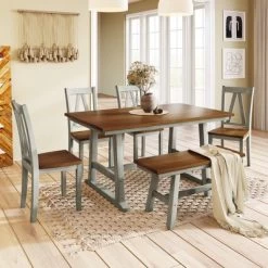 Farmhouse 6-Piece Wood Dining Table Set With Long Bench And 4 Dining Chairs-ModernLuxe -Online Furniture Store GUEST 870b12da f5c7 4e5c aaff 4bff54db7178
