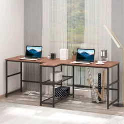 HOMCOM 83" Two Person Computer Desk With 2 Storage Shelves, Double Desk Workstation With Book Shelf, Long Desk Table For Home Office, Dark Walnut