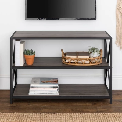 25.62" X Frame Metal And Wood Media Bookshelf - Saracina Home 2 25.62" X Frame Metal And Wood Media Bookshelf - Saracina Home - Image 2