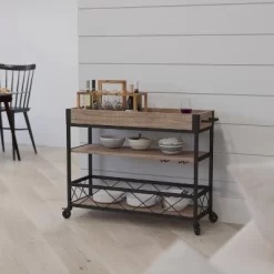 Merrick Lane Rolling Kitchen Serving And Bar Cart With Shelves And Wine Glass Holders In Distressed Light Oak Wood And Black Iron -Online Furniture Store GUEST 91125ef7 6b0b 4bd0 83bb 09906307ef46