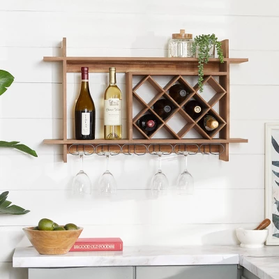 Wood Geometric 8 Bottle Slot Wall Wine Rack With 6 Glass Holder Slots Brown - Olivia & May 1 Wood Geometric 8 Bottle Slot Wall Wine Rack With 6 Glass Holder Slots Brown - Olivia & May
