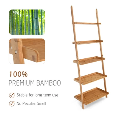 Costway 5-Tier Ladder Shelf Bamboo Bookshelf Wall-Leaning Storage Display Plant Stand 5 Costway 5-Tier Ladder Shelf Bamboo Bookshelf Wall-Leaning Storage Display Plant Stand - Image 5