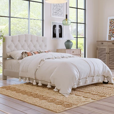 Upholstered Linen Platform Bed Frame With Curved Tufted Headboard Beige-ModernLuxe 1 Upholstered Linen Platform Bed Frame With Curved Tufted Headboard Beige-ModernLuxe