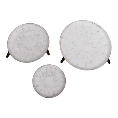 Set Of 3 Mango Wood Bowl Top Side End Coffee Tables With Angled Tripod Base White/Brown - The Urban Port 1 Set Of 3 Mango Wood Bowl Top Side End Coffee Tables With Angled Tripod Base White/Brown - The Urban Port