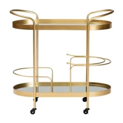 Kamal Glam Brushed Metal And Mirrored Glass 2 Tier Mobile Wine Bar Cart Gold - Baxton Studio -Online Furniture Store GUEST a54c422e fedf 4da8 873e 3dbd2828b735