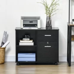 Vinsetto Lateral File Cabinet With Wheels, Mobile Printer Stand With Open Shelves And Drawers For A4 Size Documents, Black