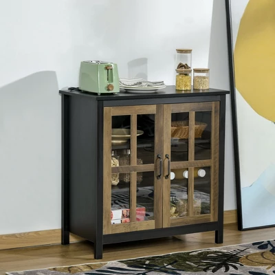 HOMCOM Kitchen Sideboard, Glass Door Buffet Cabinet, Accent Cupboard With Adjustable Storage Shelf For Living Room, Black Wood Grain 1 HOMCOM Kitchen Sideboard, Glass Door Buffet Cabinet, Accent Cupboard With Adjustable Storage Shelf For Living Room, Black Wood Grain