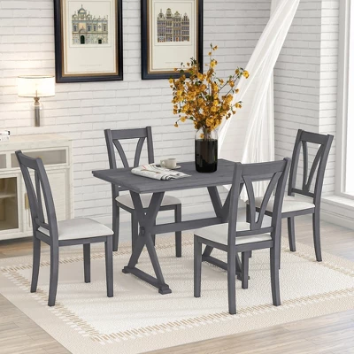Mid-Century Wood 5-Piece Dining Table Set With 4 Upholstered Dining Chairs-ModernLuxe 14 Mid-Century Wood 5-Piece Dining Table Set With 4 Upholstered Dining Chairs-ModernLuxe - Image 14
